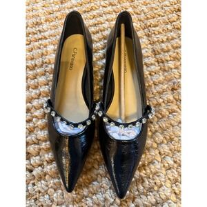 C.Paravano Black Patent Pointed Toe Rhinestone Embellished Ballet Flats Size 37‎